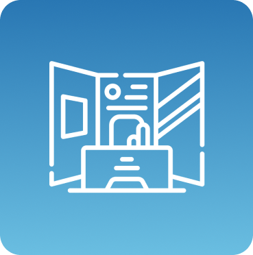 Exhibition booth icon on blue background.