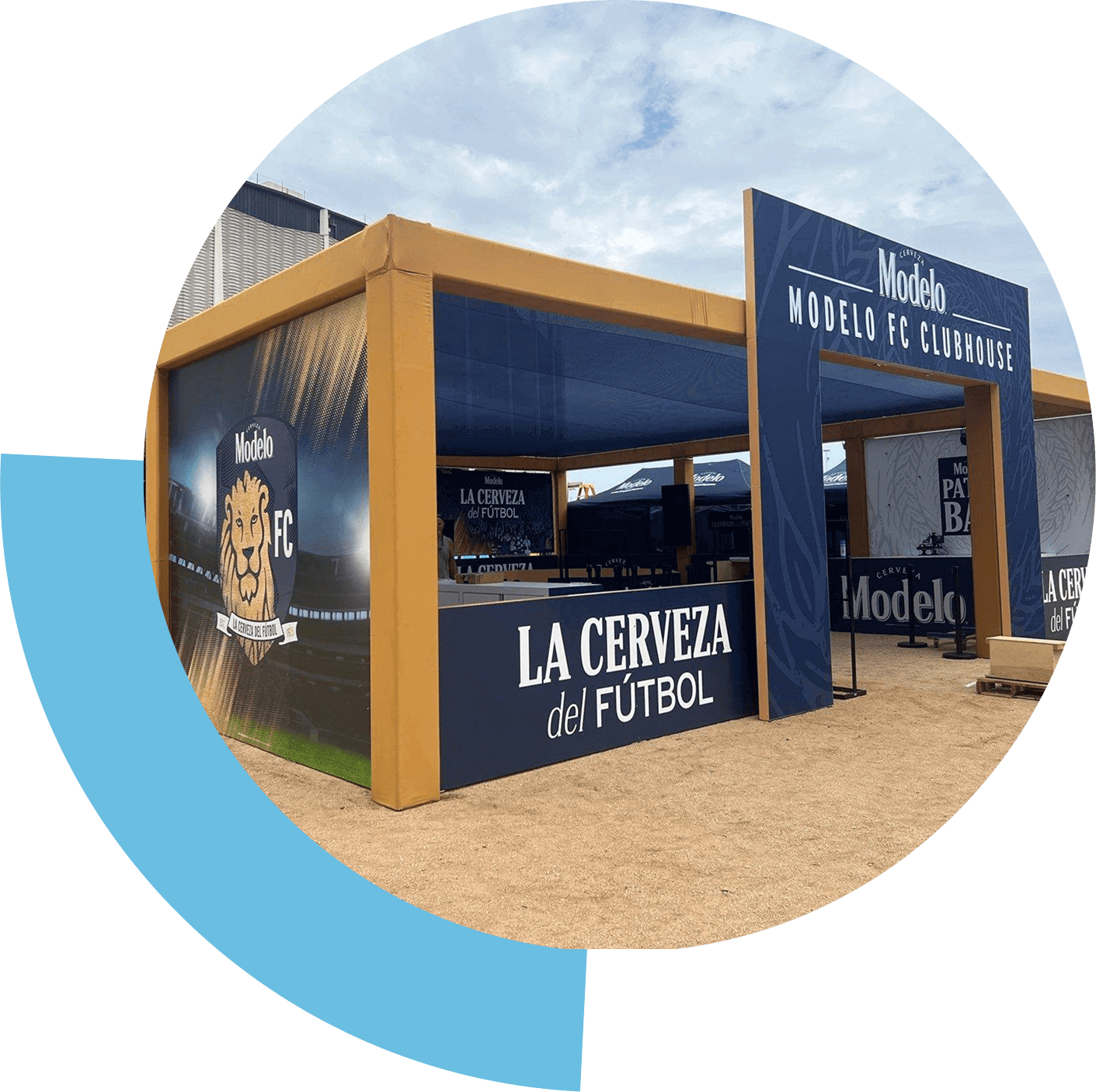 Modern beer pavilion with bold signage and outdoor seating.